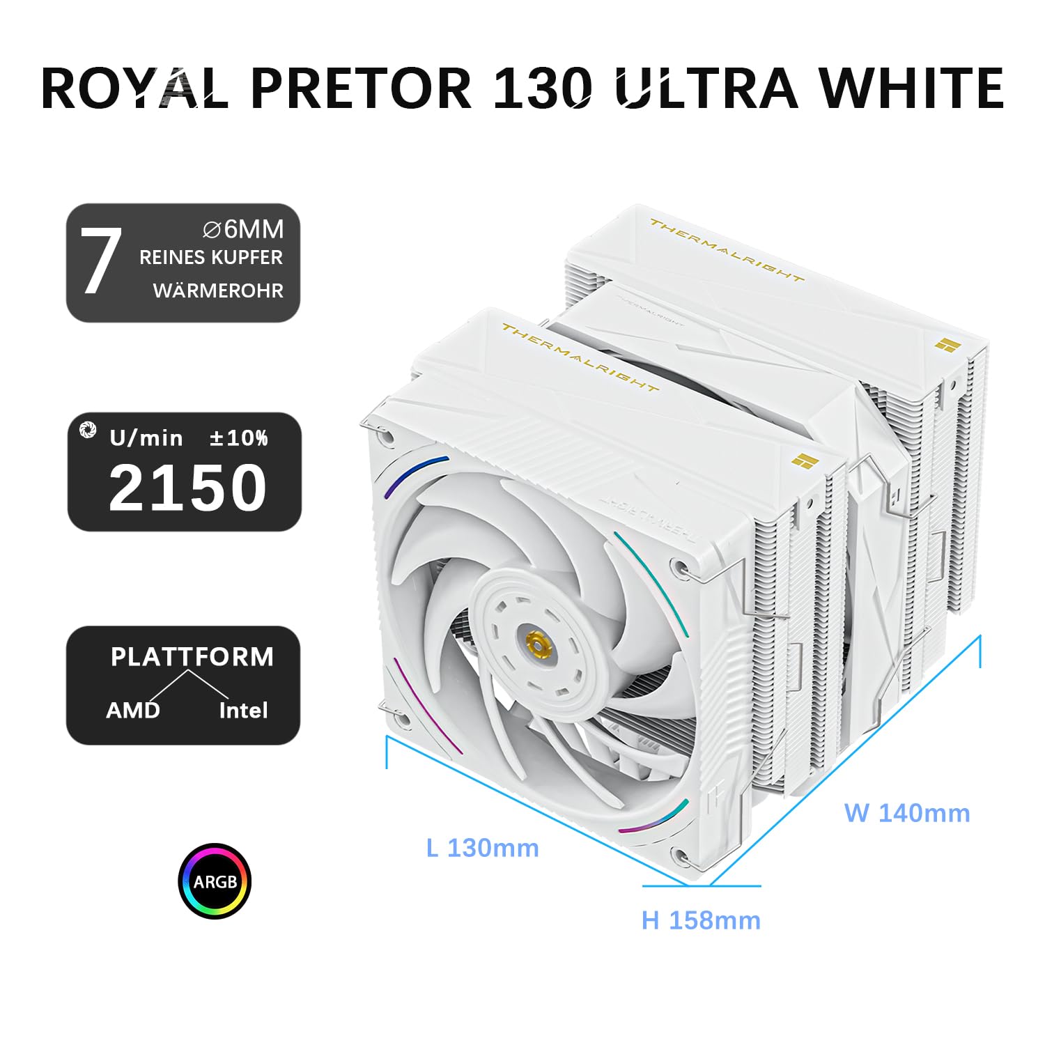 TR-Thermalright Royal Pretor 130 Ultra White, chłodzenie CPU, podwójna wieża z 7 rurkami cieplnymi, podwójne wentylatory PWM, biała pokrywa górna, dla AM5/AM4, Intel LGA1851/1700/1150/1151/1200