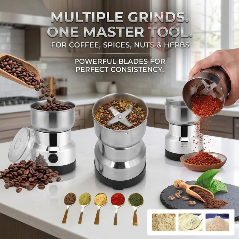 Image of Drumstone TopRated 𝟏𝟓𝐘𝐫 𝐖𝐚𝐫𝐫𝐚𝐧𝐭𝐲 Mini Electric Stainless Steel Grinding Machine, Multi-Function Small Food Grinder for Coffee Beans, Seasonings & Spices, Automatic Grinding Tool