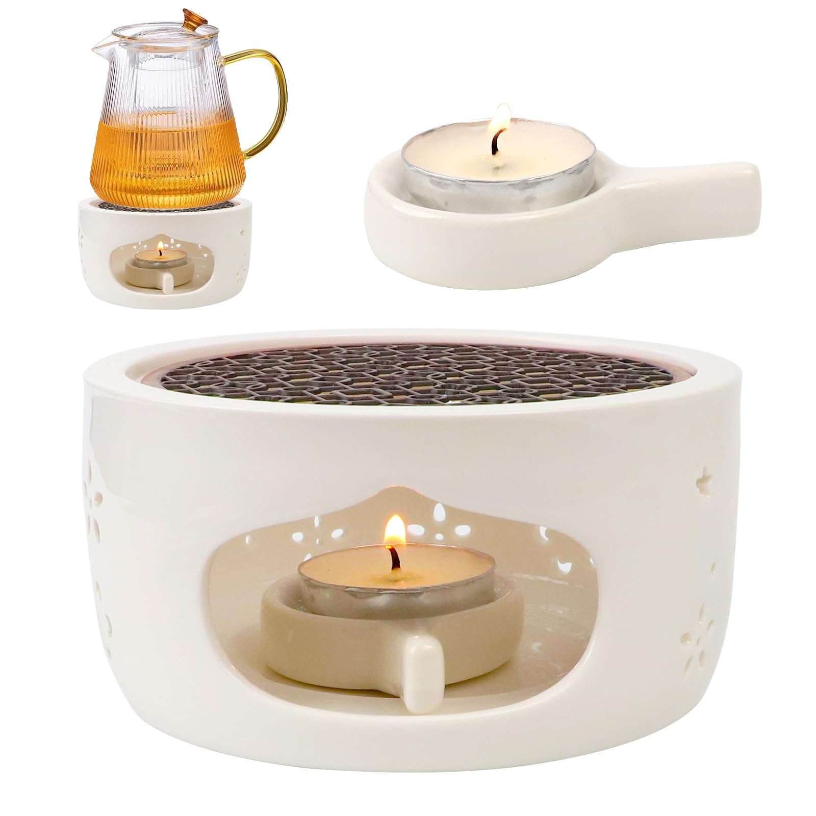 Calentador de Tetera de Porcelana con Cojín de Corcho y Cuchara, Base Tallada Hueca
