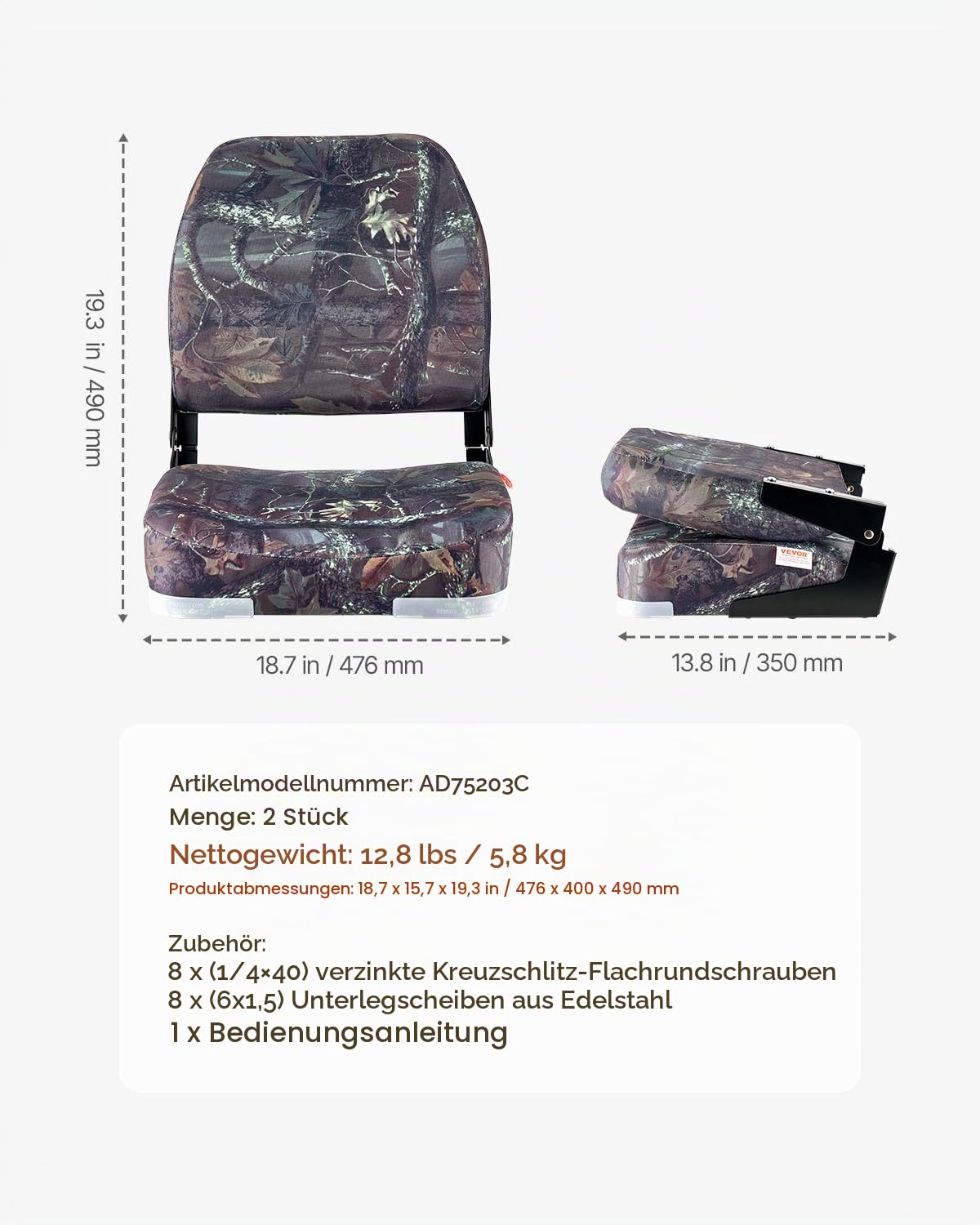 VEVOR Bootssitz mit niedriger Rückenlehne, klappbarer Fischerbootsitz mit verdicktem Schwammkissen & PU-Polyestergewebe, stabiler PP-Rahmen, für Boote Yachten Schiffe, Tarnfarbe (2 Sitze)