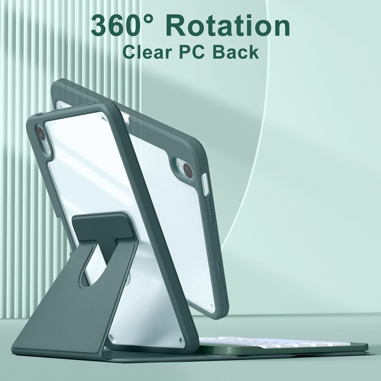 Harvopu for iPad mini 7 A17 Pro/6 Generation Keyboard Case 2024/2021 8.3 Inch,360° Rotating Clear Back Cover with 7 Color Backlit Detachable Keyboard, Pencil Holder for iPad mini 7th/6th Gen,Pinegreen