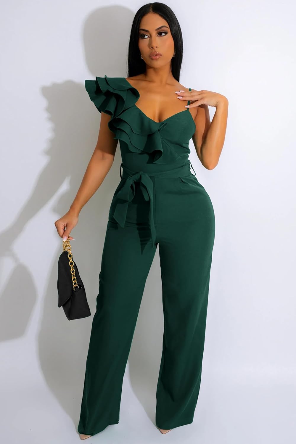 kaimimei Womens Casual Jumpsuits V-Neck Sleeveless Ruffle Backless Belted Wide Leg Pant Sexy Romper Party Clubwear - Image 3