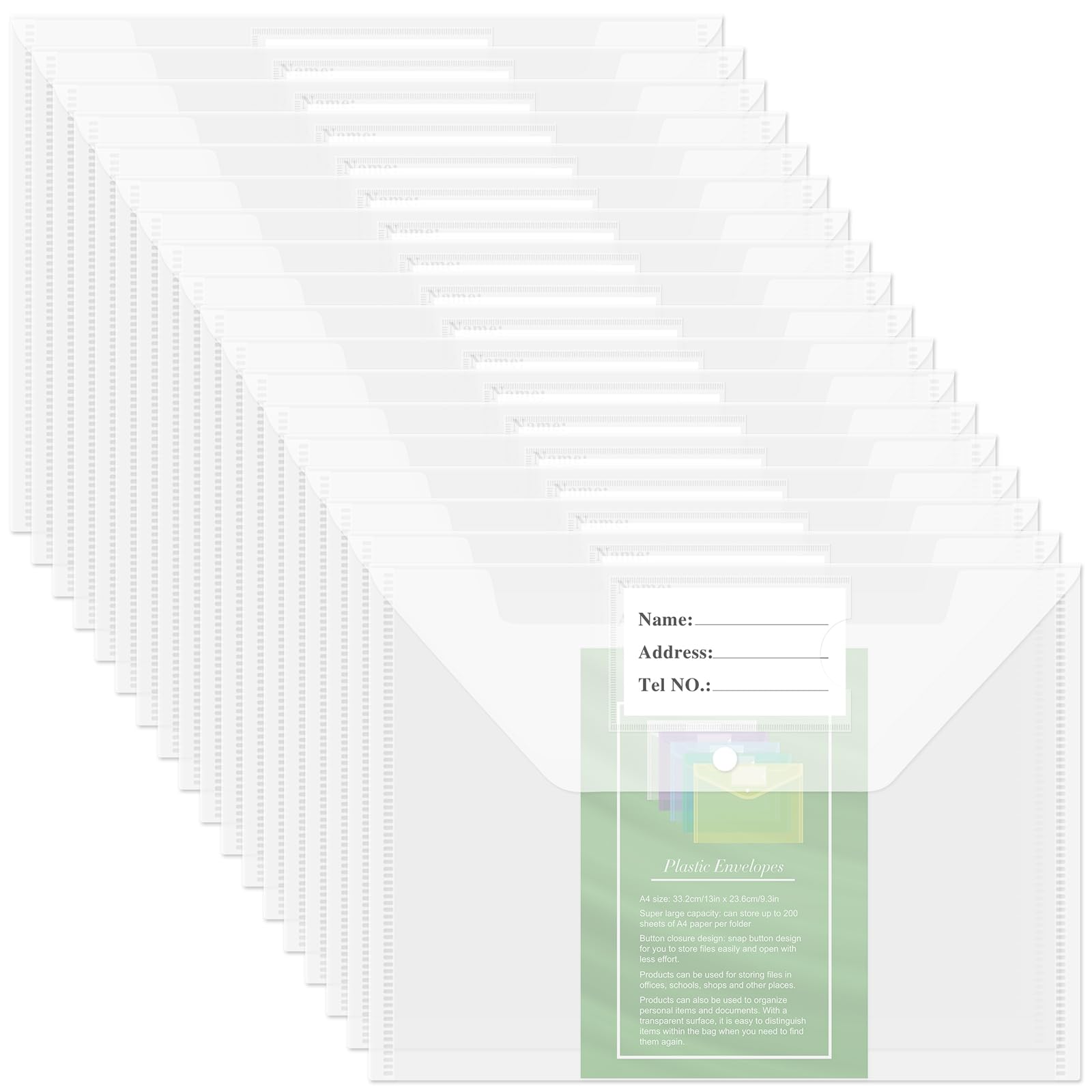 NACHLYNN 18 Pack Plastic Envelopes Plastic Folders With Snap Closure, A4 Size Clear File Envelopes with Label Documents Folders Organizers for Home