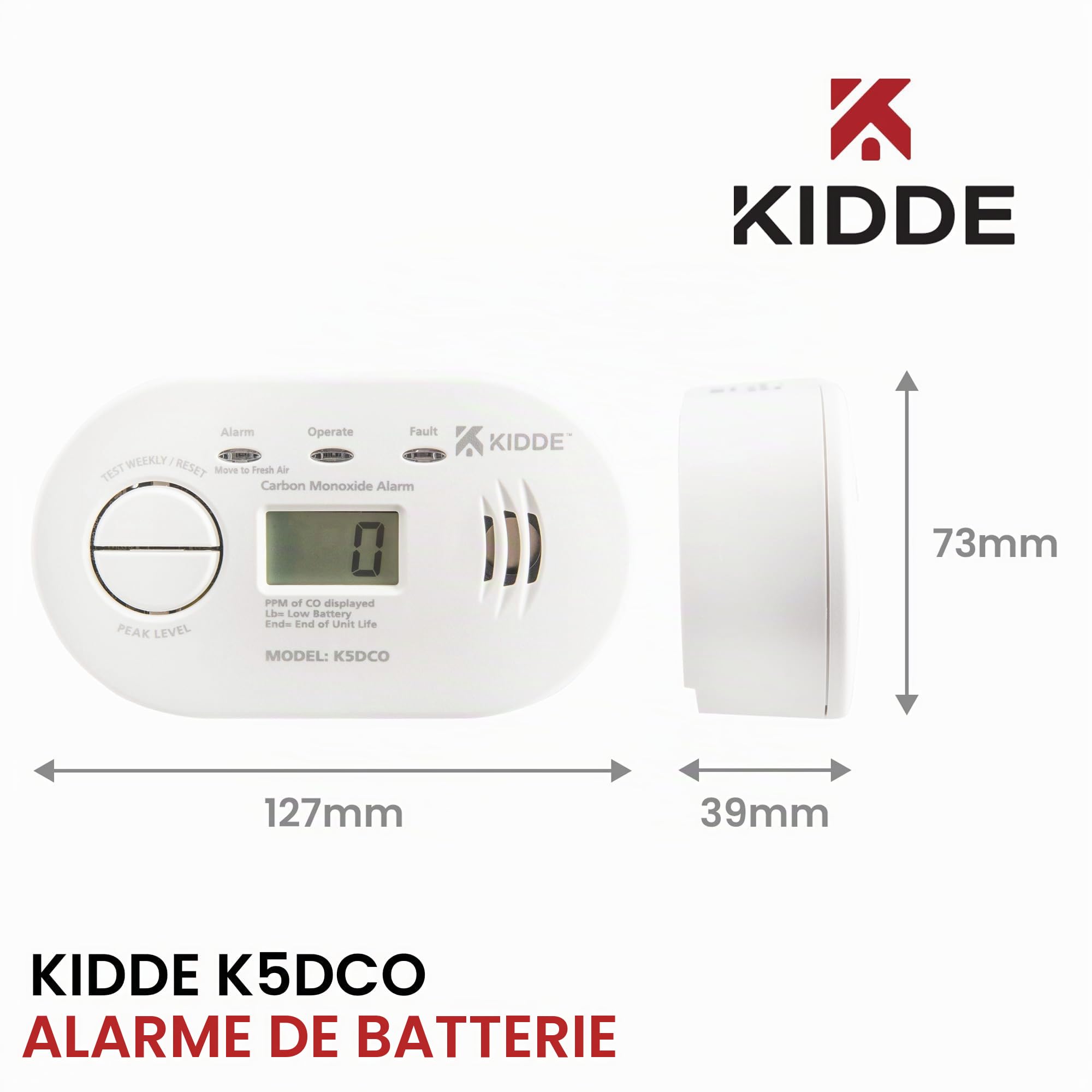Kidde 5DCO Détecteur de monoxyde de carbone numérique avec piles AA Durée de vie du capteur 10 ans Affichage numérique Alarme CO