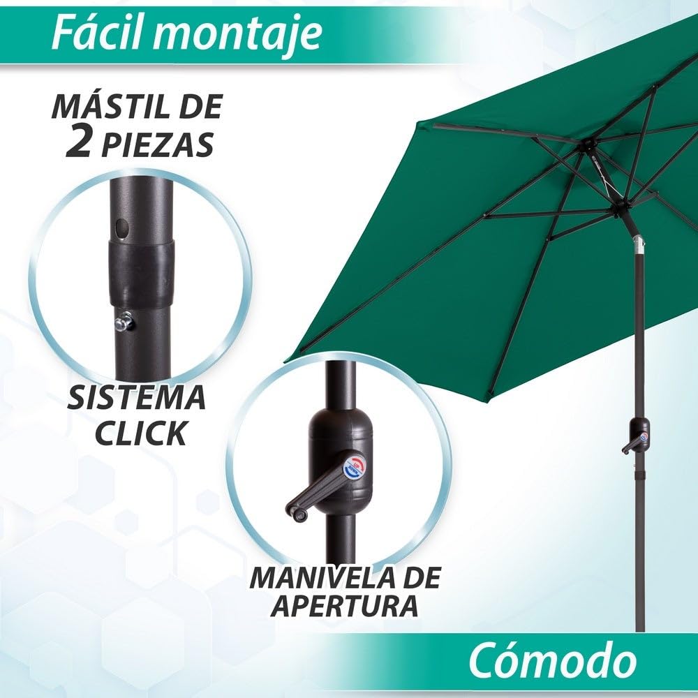 Parasol de jardín inclinable de 300cm con mástil de aluminio de 38mm | Sombrilla con antiviento y manivela. Mástil resistente con tratamiento anticorrosión. Para jardín o terraza. Altura 250cm