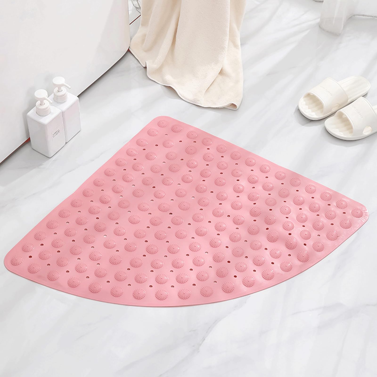 Non Slip Shower Mat with Drain Holes Anti Mould Rubber Bath Mat for Corner Shower Sector Anti Slip Bath Mats for Bathroom 65x65cm Pink