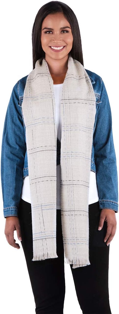Inca Fashions Plaid Extra Wide Handwoven Oversized Scarf | Pure Premium Baby Alpaca Wool (Grey/Blue-Navy)