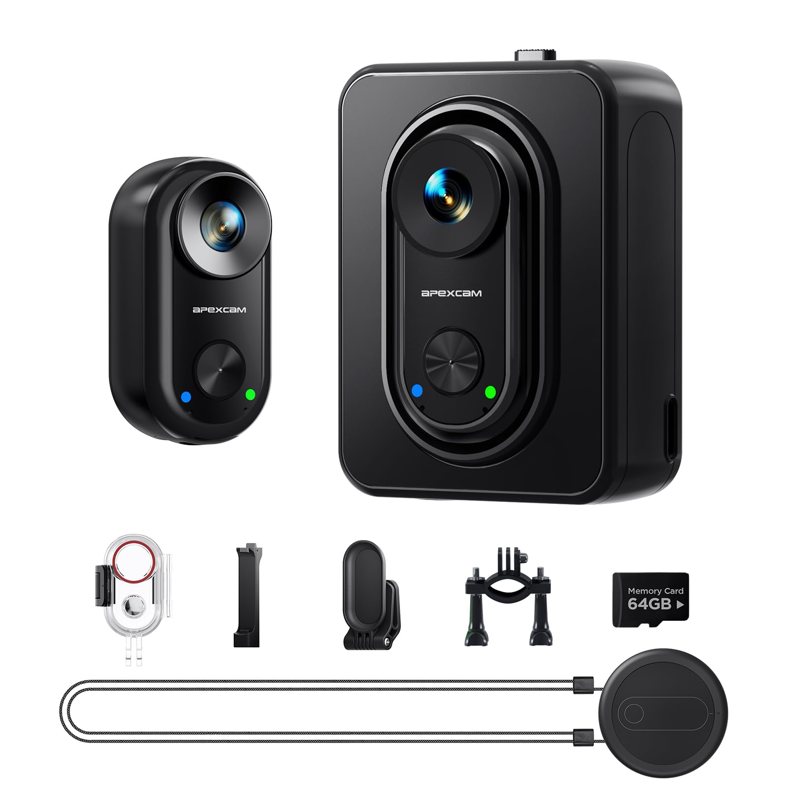 Apexcam Caméra Sport 4K 20MP avec Stabilisation EIS, Caméra d’Action Mini POV 150° Grand Angle, Étanche 30M, Carte 64Go Incluse, Boîtier de Charge, Caméra Portable Magnétique avec Nombreux Accessoires