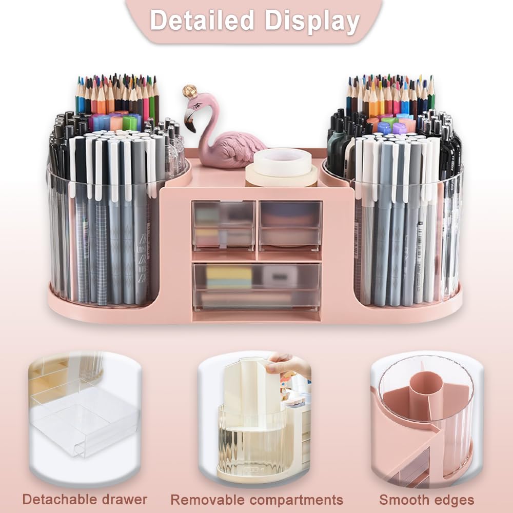 ALUNME Rotating Desk Organizer with 2 Rotating Pen Holder 10 Compartments and 3 Drawer,Pencil Storage Organizer Desk Organizer and Accessories for Office Stationery Supplies (pink) - Image 4