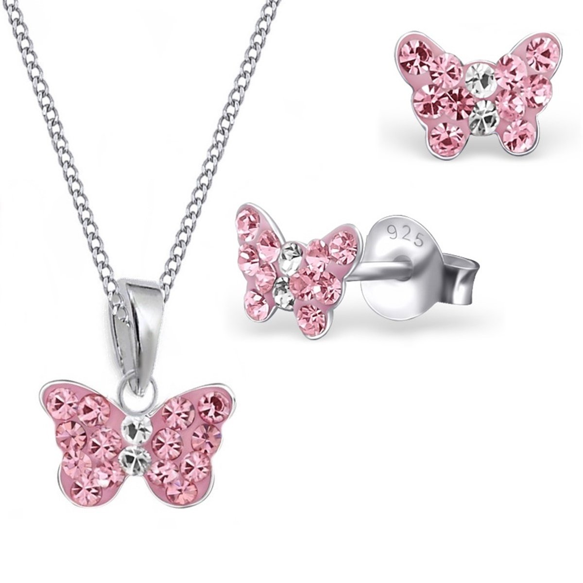 Goldene Hufeisen Set con mini ciondolo a forma di farfalla con cristalli, collana e orecchini, in vero argento 925, per bambine, Smaltato Argento sterling Vetro, Nessuna pietra preziosa