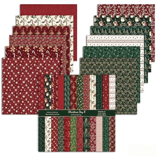 Scrapbook Papier 24 Blätter Weihnachten Musterpapier 24 Designs Doppelseitiges Bastelpapier Motivpapier für Dekorative Fotoalbum und Journal DIY-Dekoration (Rot 30 5 x 30 5 cm)