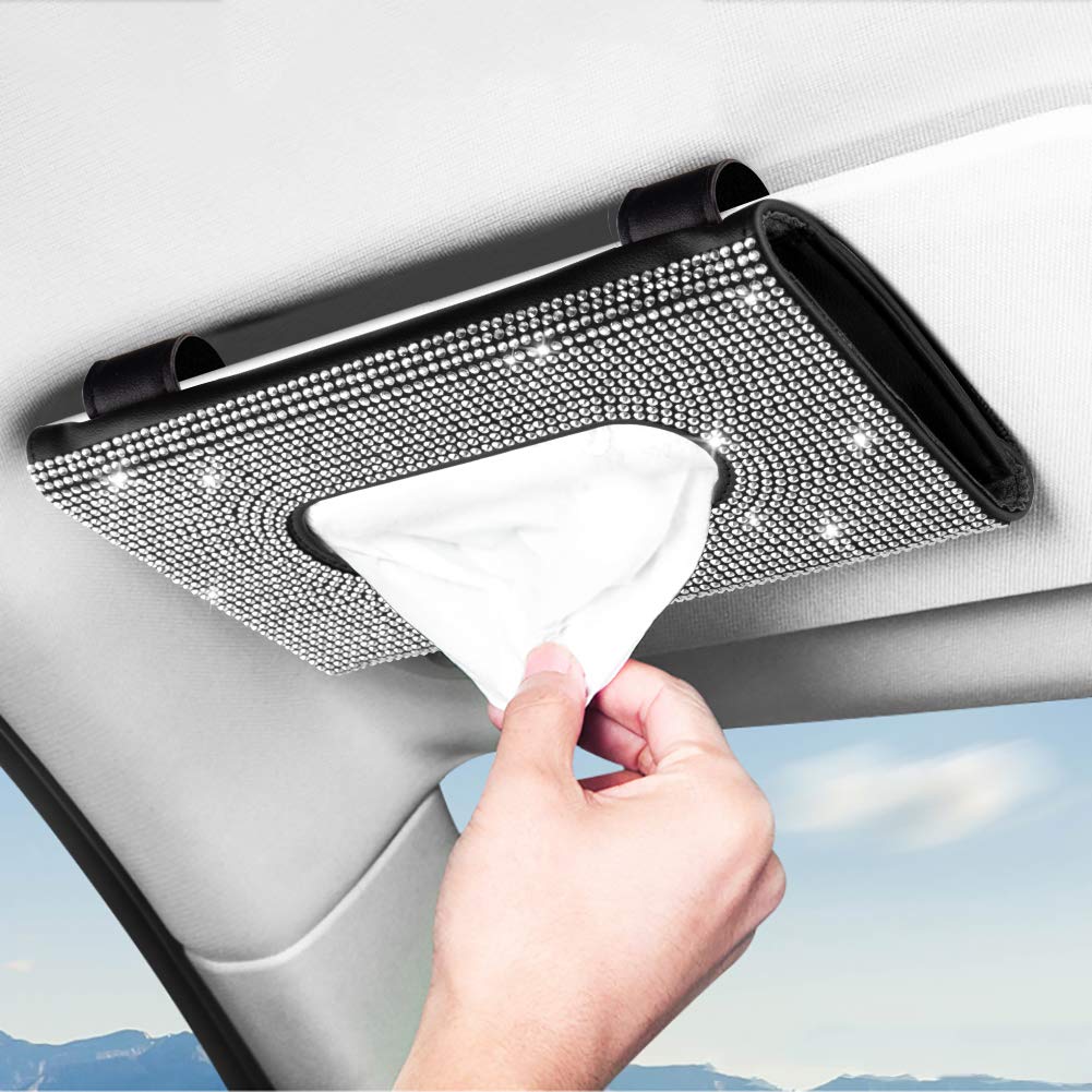 eing Car Sun Visor Tissue Box Holder Bling BlingCrystal Sparkling Napkin Holder,PU Leather Backseat Tissue Case Car Accessories for Women,Black+Pure White