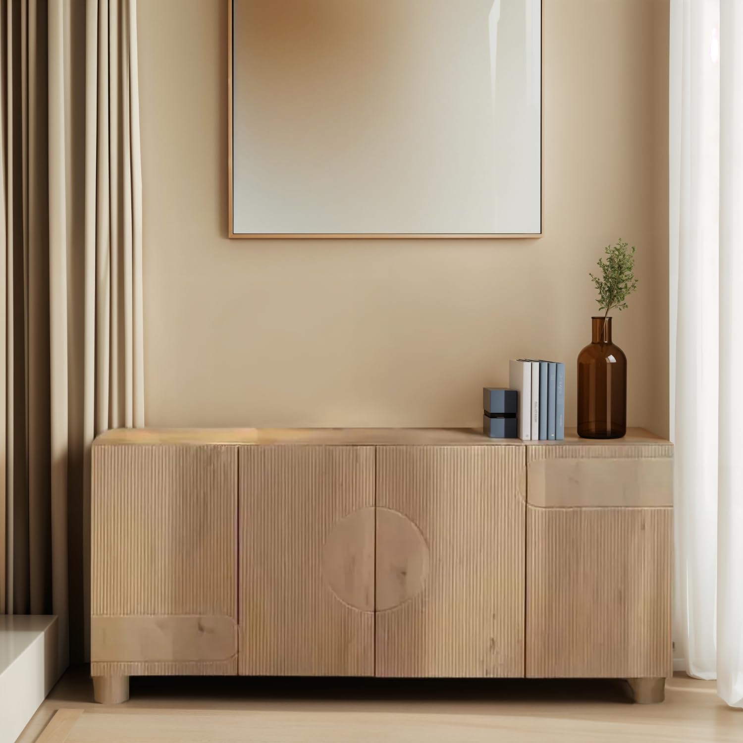 Vishnu Craft Solid Wood Sideboard Cabinet with Fluted Door Panels, Natural | Ribbed Texture Doors, Living Room Storage, Multi-Door Design, Minimalist Style, Wooden Finish-image-8