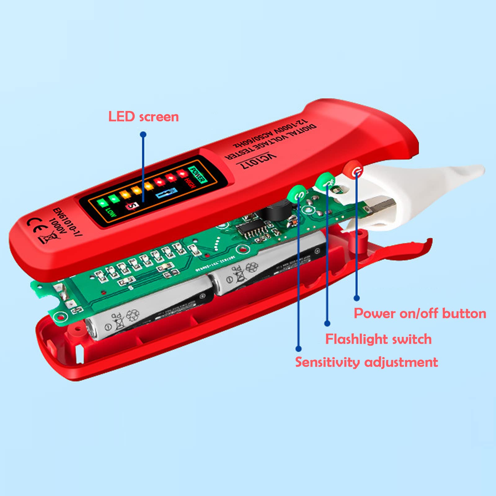 Detector de Voltaje sin Contacto con Linterna LED Sensibilidad ajustable, Distinción de Cable Vivo/Nulo, AC 12V-1000V, Localizar Punto de Rotura, Alarma