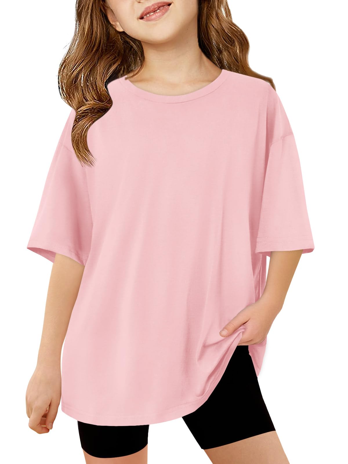 Haloumoning Mädchen T-Shirt Kurzarm Kinder Sommer Oversized Tops Rundhals Lässige Oberteile Freizeit Sport Shirts Einfarbig Basic Tshirts für Mädchen 5-14 Jahre Rosa 130
