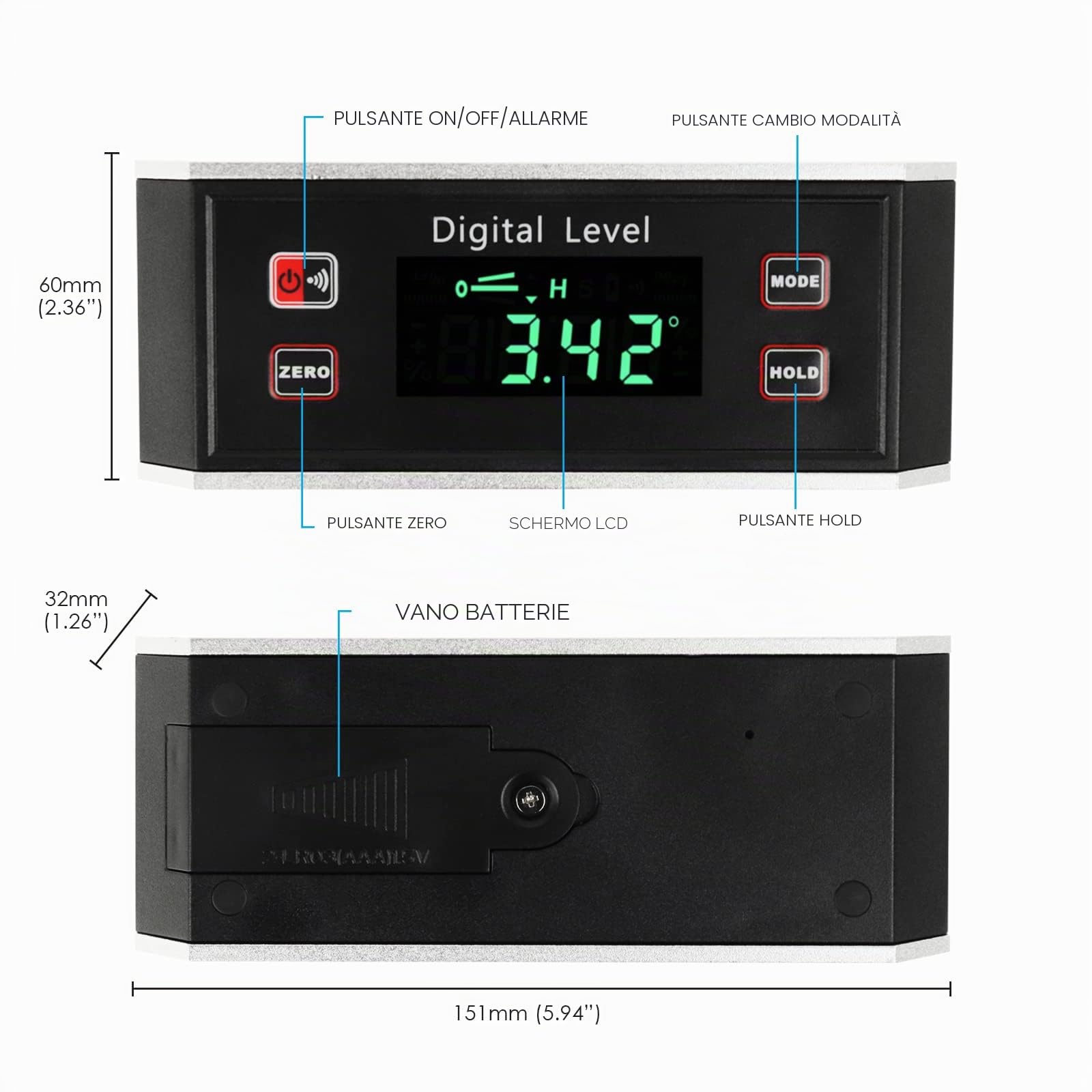 Digitale Elettronico Inclinometro Angolo Finder Impermeabile IP65 Goniometro Livello Misura Scanalatura a V Magnetico Base Sempre Verticale Lettura