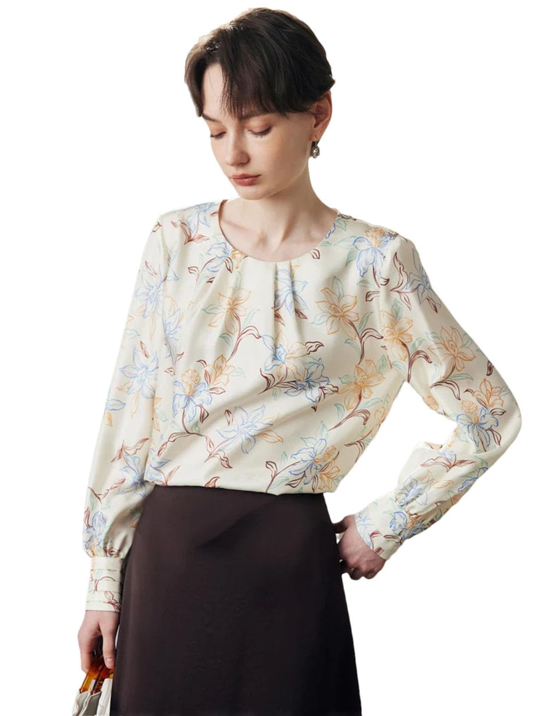 Blusas florales para mujer, 100% seda real, cuello redondo, manga larga, elegante