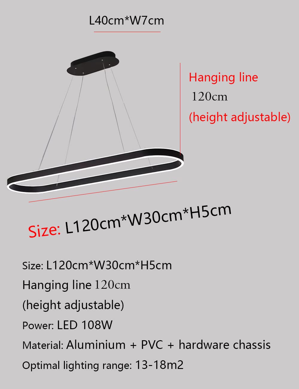 Ściemniane owalne LED żyrandol wiszące światło nowoczesne jadalnia stół biuro lampy z pilotem Pierścień wiszące lampy wysokość regulowana Glare wolne pokój studium kuchnia Oprawa (Czarny, L120cm)