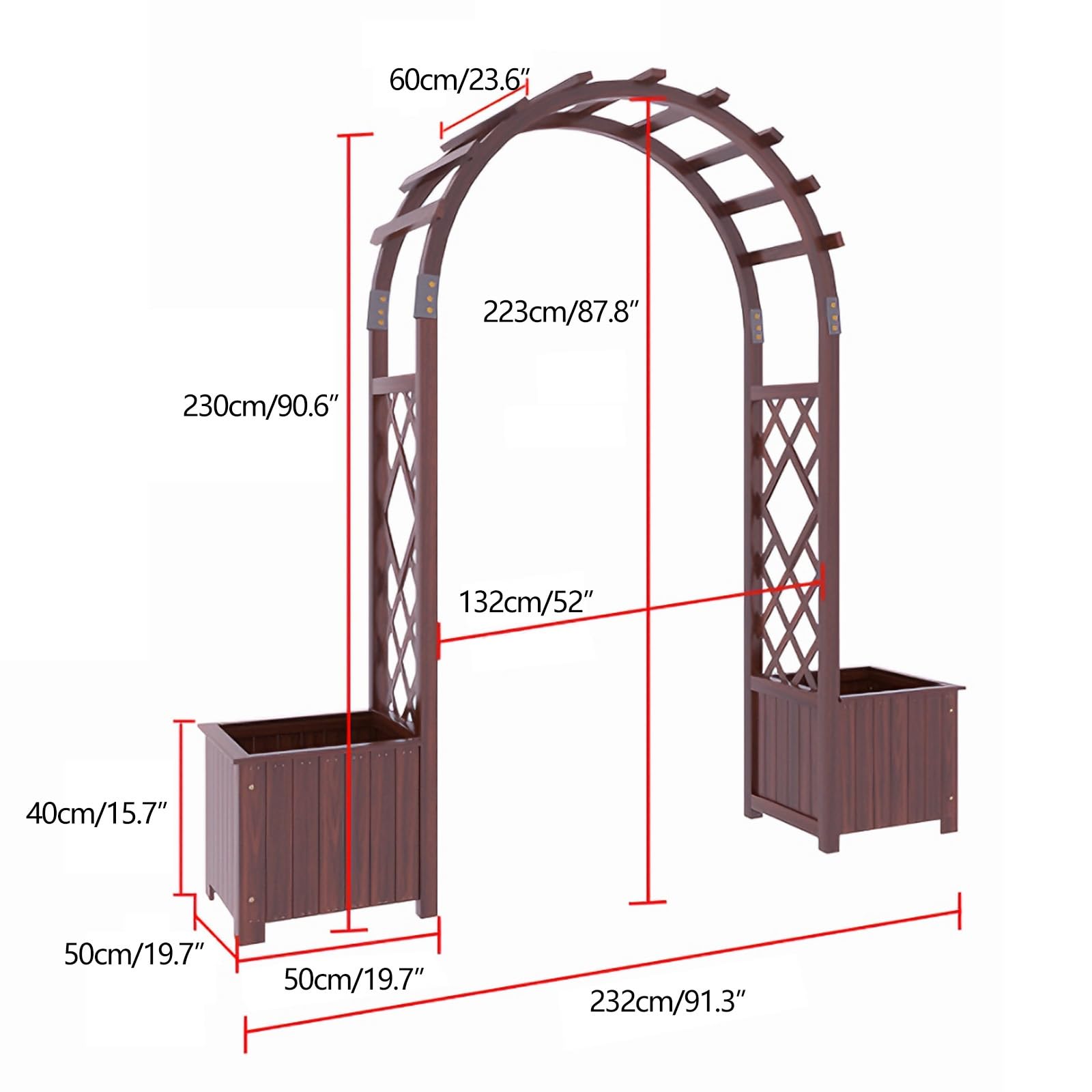 Zewnętrzny drewniany łuk ogrodowy pergola z doniczkami, 210 cm, kratka do pnących winorośli, dekoracyjny łuk różany z bocznymi skrzynkami na kwiaty dla lepszej estetyki ogrodu