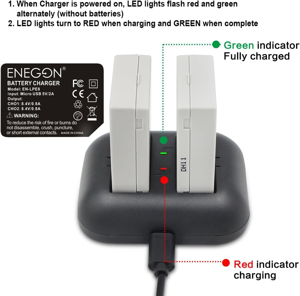 ENEGON Ersatzbatterie (2er Pack) und Rapid Dual Ladegerät für Canon LP-E8 und Canon EOS Rebel T2i, T3i, T4i, T5i, 550D, 600D, 650D, 700D, Kiss X4, X5, X6, LC-E8E Digitalkamera