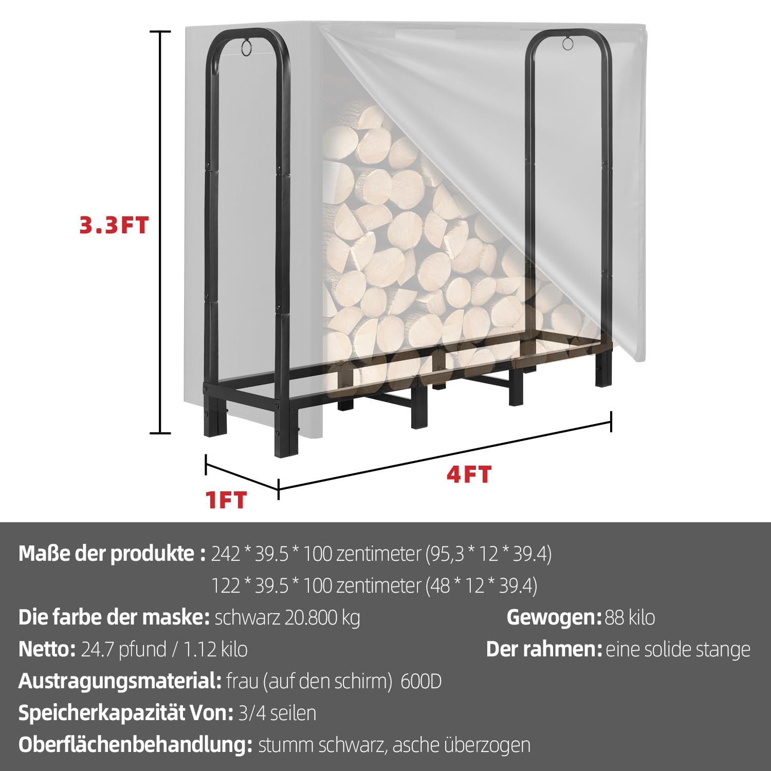 Kendane 4FT Kaminholzregal Aussen Metall Feuerholz Aufbewahrung – Holzlager Außen Wetterfest Brennholzregal Outdoor Außen Garten, Holzregal & Holzunterstand Draußen (122x39.5x100cm,Schwarz)