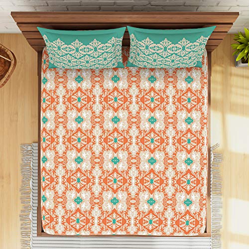 Image of Spaces Atrium Plus 210 TC 100% Cotton Queen Size Fitted Double Bedsheet with 2 Pillow Covers (Ornate, 60 inch X 78 inch Inches ) - Peach