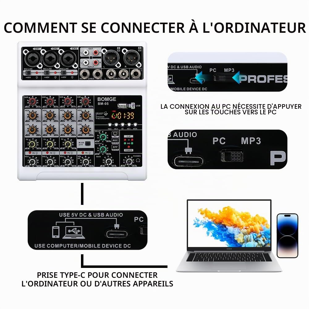 BOMGE Mixeur Audio, Table de Mixage Son avec 5 Canaux Numériques USB Bluetooth, Effet de Retard d’Écho, Alimentation Fantôme 48V, Mixeurs DJ Stéréo pour Enregistrement, Diffusion en Direct, Podcast