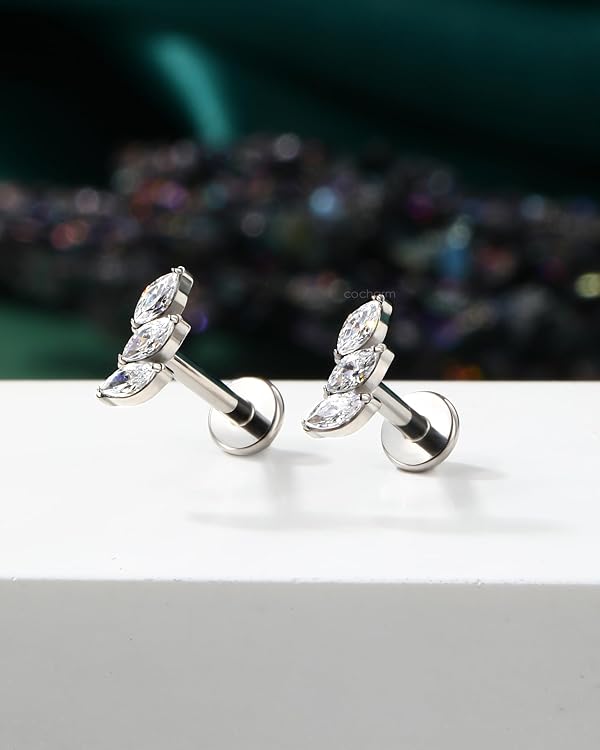 COCHARM Surgical Steel 16g Threadless Helix Piercing Jewelry Leaf Flat Back Cartilage Conch Earring Stud Titanium Push Pin Earring Silver 8MM by COCHARM - Used condition - Image 6