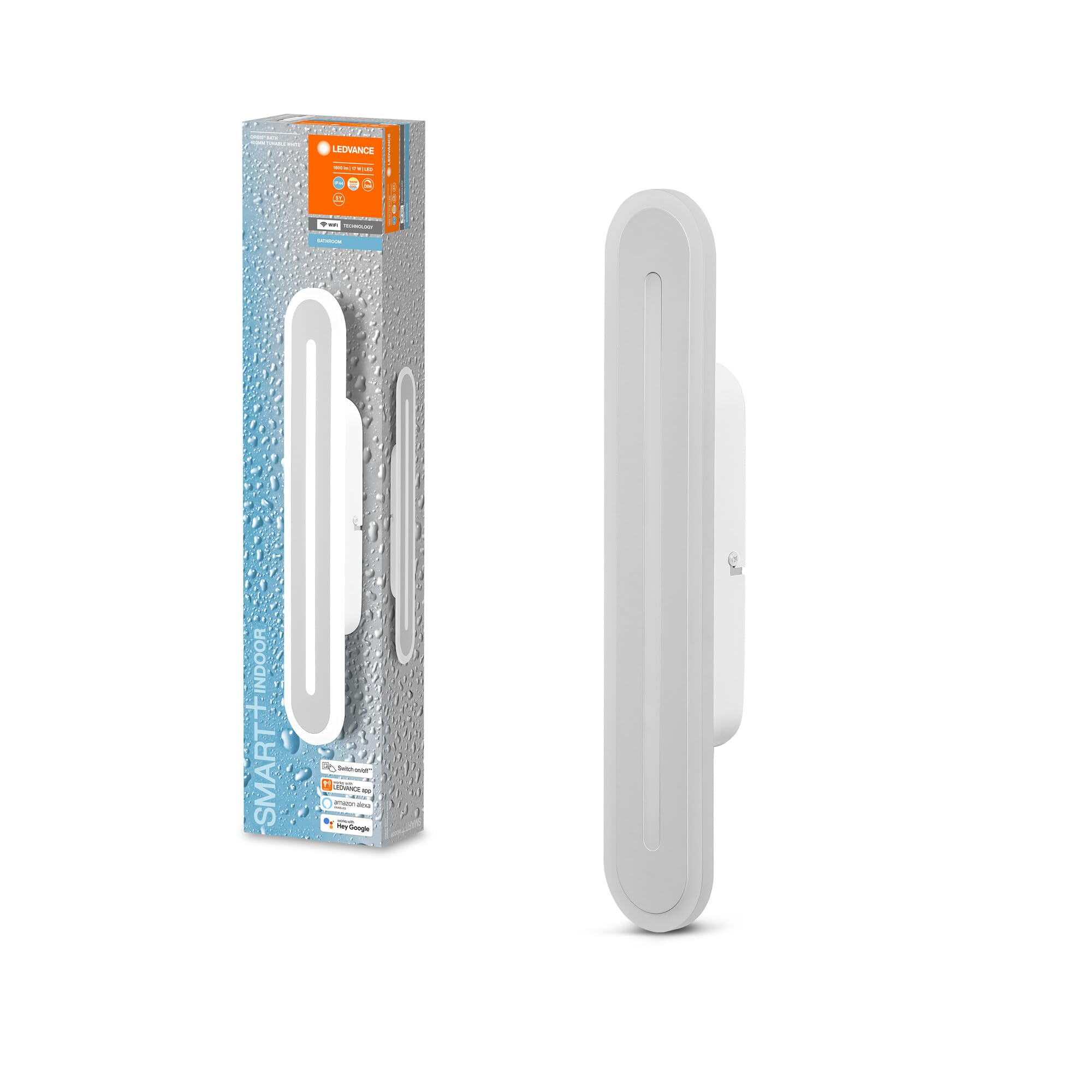 LEDVANCE Smart LED bathroom light white, 1600LM, 3000-6500K, 400mm x 70mm, IP44, Orbis Bath wall light, luz de baño con tecnología wifi, regulable, controlable mediante app y asistente de voz