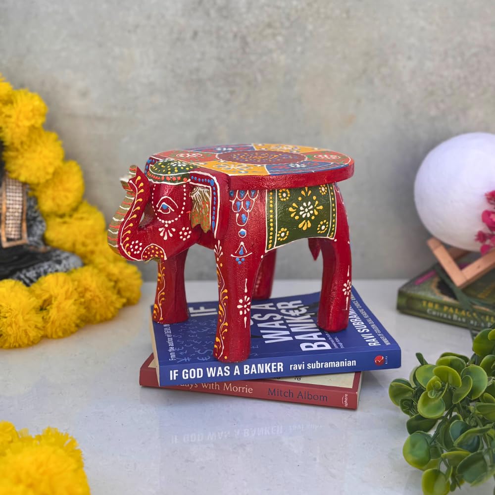Handcrafted Wooden Elephant Stool | Decorative Hand Painted Elephant Table | Multipurpose Small Stool for Living Room, Mandir Chowki, Plant Stand & Home Decor | Traditional Rajasthani Art 6 inch-image-14