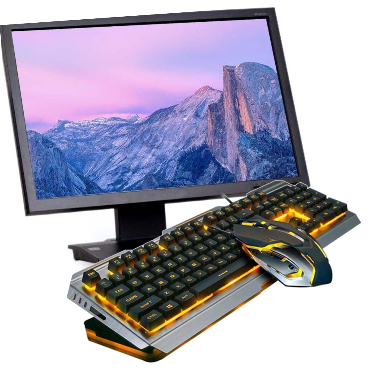 Artibetter Tastiera Meccanica Usb Retroilluminata a Led Gialla Set Mouse Da Gioco Ergonomico, Pulsanti Multimediali Fn, Design Resistente Pannelli Metallici Sabbiati, Per Gamer e Uso Prolungato
