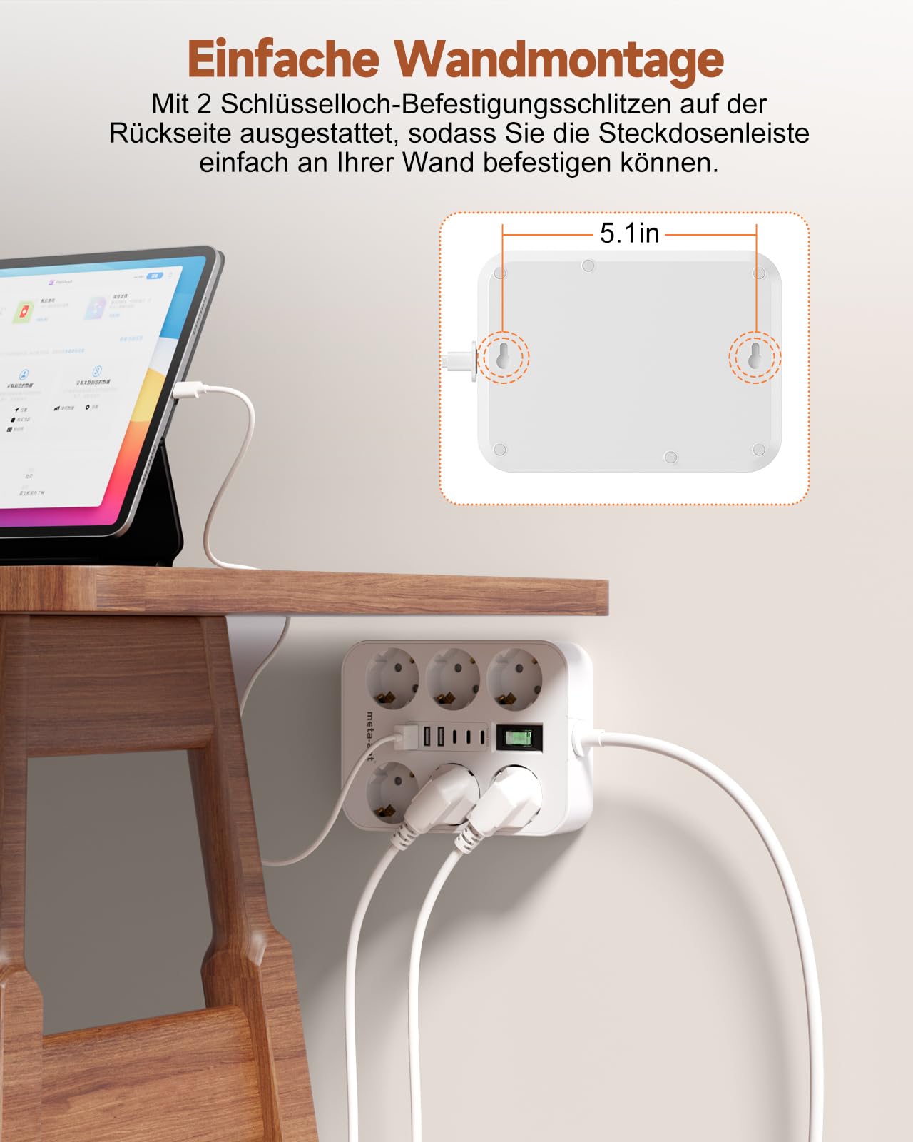 Ciabatta elettrica con USB, 6 scomparti