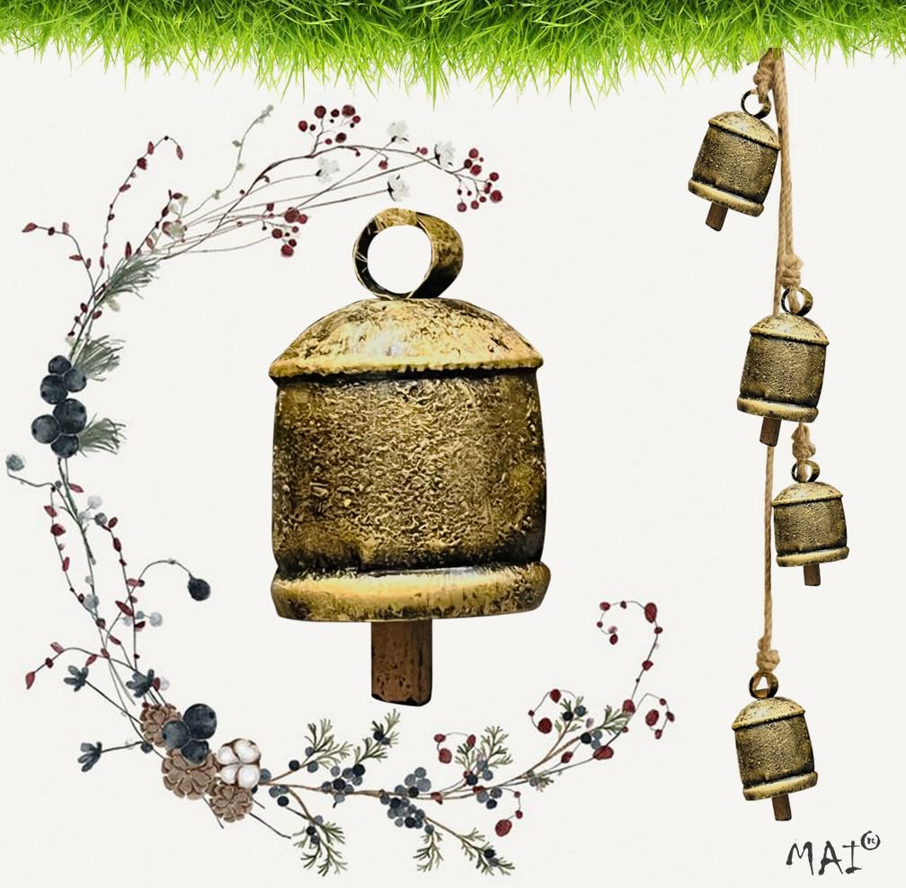 MAI Harmony 4 Cow Bells Cluster on Rope Large Rustic Vintage Lucky Cow Bells On Rope Wall Hanging Décor (Golden,Brown,Silver)
