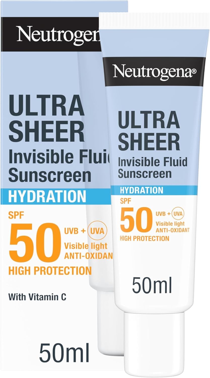 Neutrogena Ultra Sheer Invisible Fluid Sunscreen 24H Hydration SPF50 (1x 50ml), High Broad-Spectrum Protection, Water Resistant, & Non-Greasy Facial Sunscreen, For All Skin Types, For Daily Use