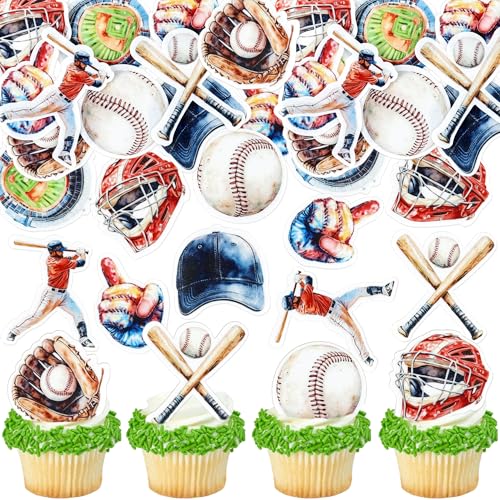 Ercadio 40Pcs Edible Baseball Cupcake Toppers Watercolor Baseball Bat Player Cupcake Picks for Baby Shower Ball Sport Birthday Cupcake Cake Decorations Baseballs Sport Party Supplier