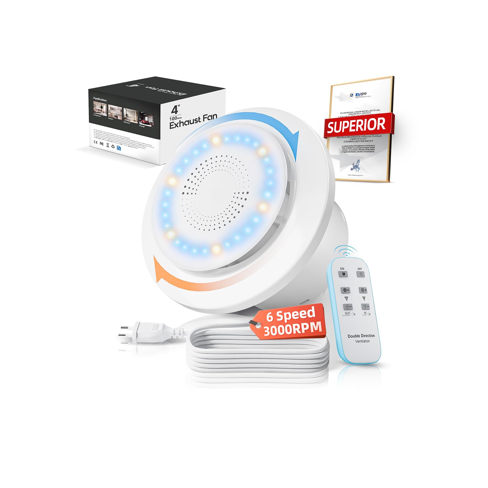 Extractor de Baño de 100 mm, 3000RPM 220m³/h, 2 Dir 6 Velocidades con Luz Indicadora+Control Remoto Flujo de Aire Potente Motor CD 2W Fácil Instalación Fácil Instalar para Baño Lavandería GarajeP106E2