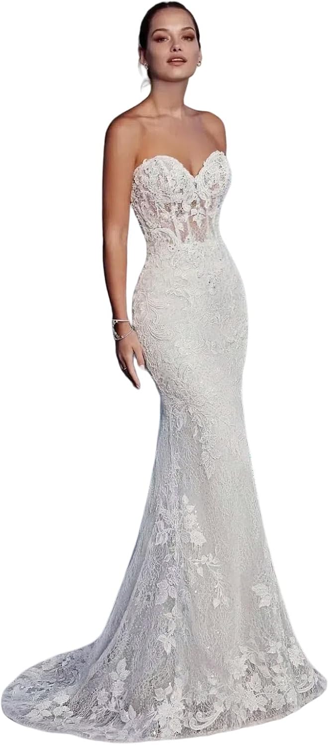 Strapless Beach Wedding Dresses Sexy Bridal Gown Lace Robe Backless Vintage Vestidos De Novia with Detachable Train