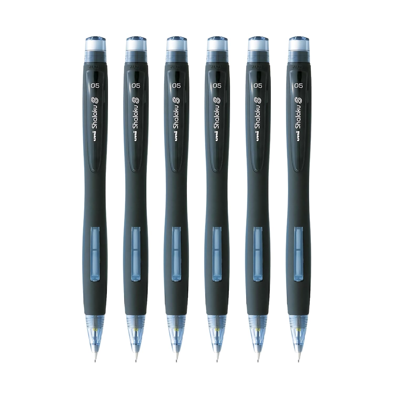 Uniball Shalaku 0.5mm Mechanical Pencil (M5-228) | Rubberized Body with Unique Side Click Mechanism | Black Body, Pack of 6
