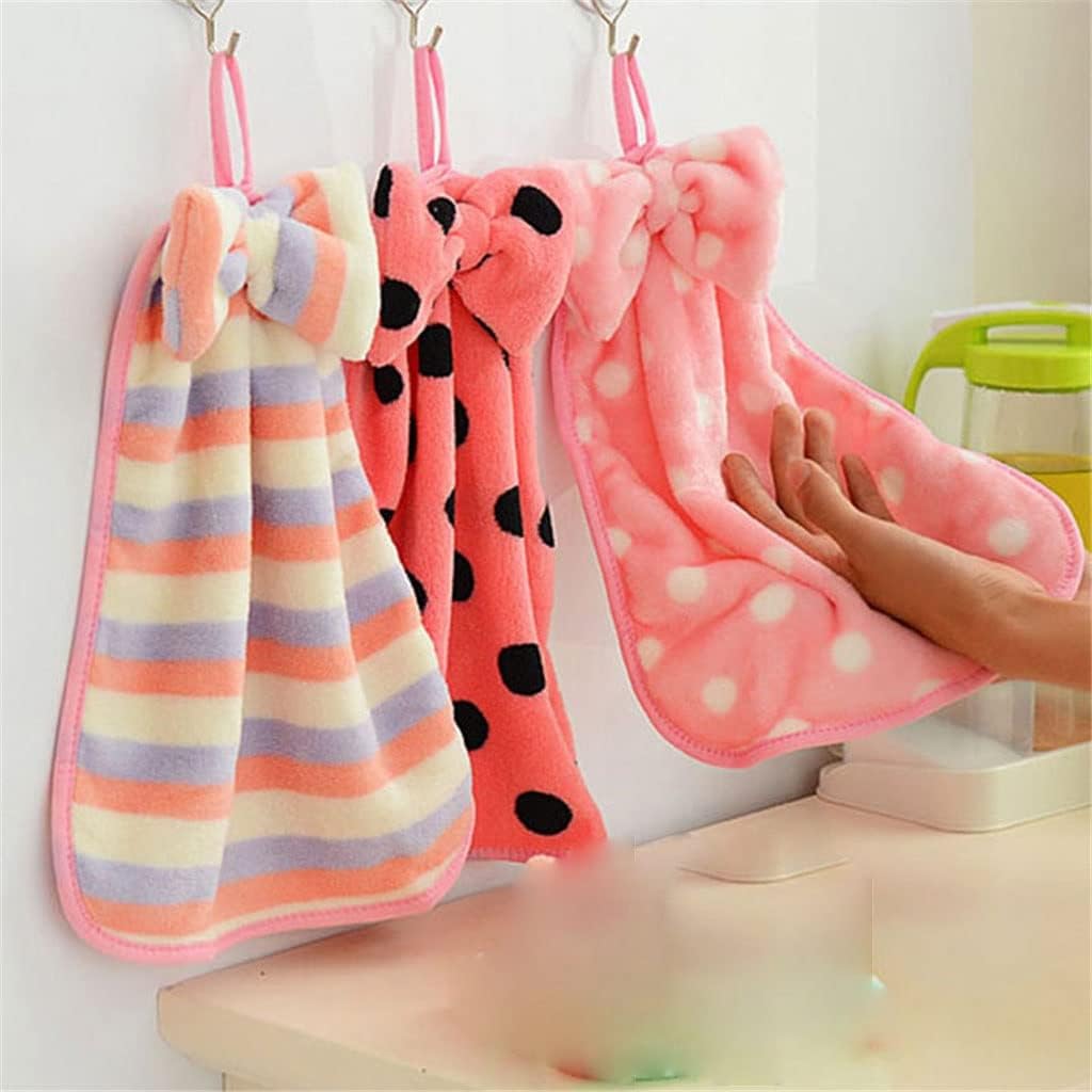 3 Packs of Bow Hanging Hand Towel Coral Fleece Absorbent Kitchen Bathroom
