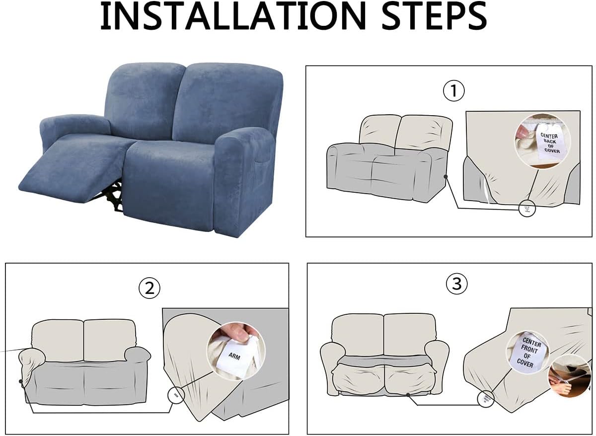 6 Pieces Stretch Velvet Recliner Slipcover 2 Seater Recliner Chair Cover Thick Soft Washable Non-Slip Recliner Sofa Cover with Pocket -Light Blue