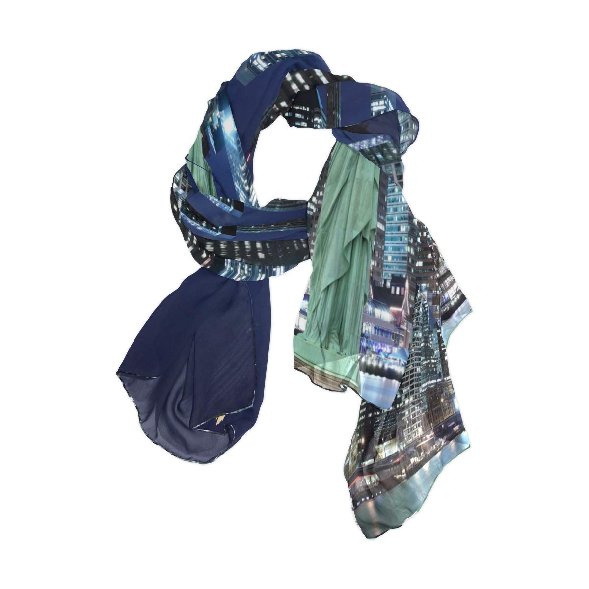 Use7 Women's Multicoloured Fashion Lightweight Statue Of Liberty New York Night Chiffon Silk Long Scarf Shawl Wrap