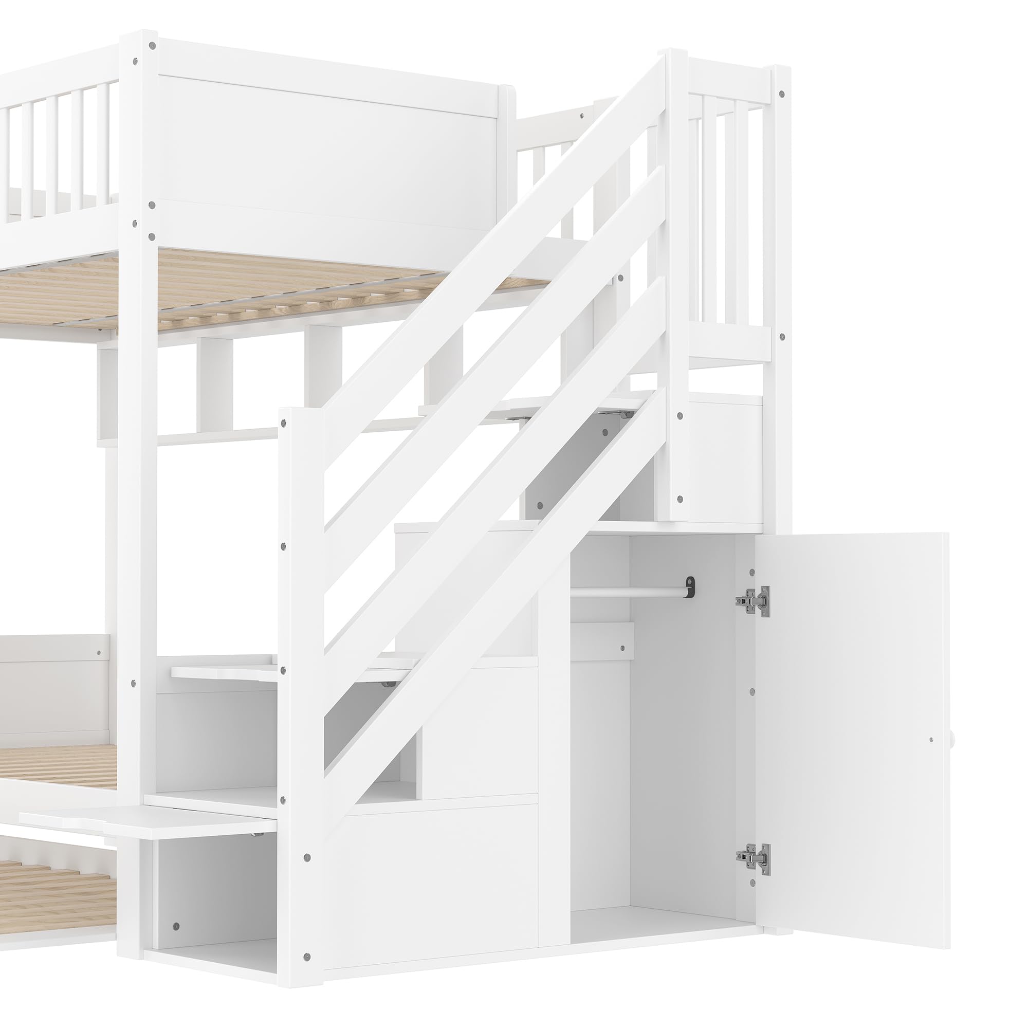 Merax Etagenbett Kinderbett 90x200 cm, Hochbett mit Ausziehbett, Kleiderschrank, Ablageleiter und Regal - Bettgestell mit Lattenrost (ohne Matratze), aus Kiefernholz, Weiß