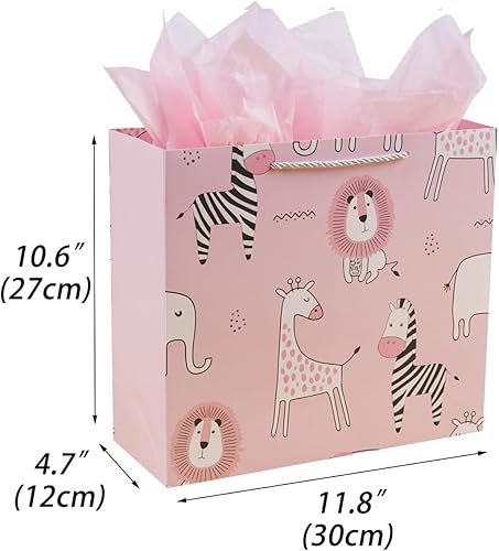 Miniatura 2 de Lyforpyton Bolsas de regalo con papel de seda de 12.5 x 9.8 x 5.1 pulgadas, bolsas de regalo de zoológico rosa para fiestas de cumpleaños de niños,