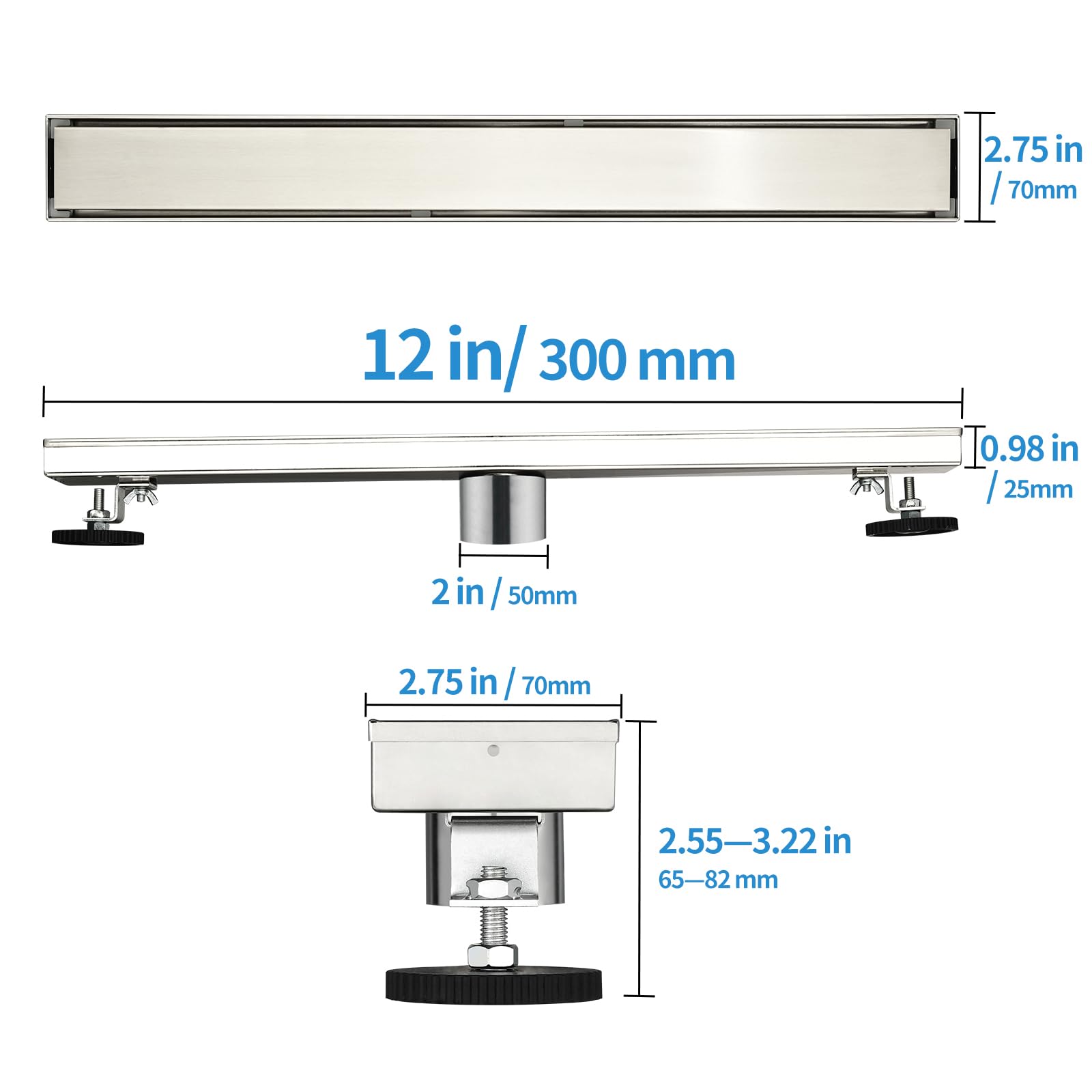 Liniowy odpływ prysznicowy, 30 cm, szczotkowana stal nierdzewna 304, prostokątny odpływ podłogowy, z odwracalną osłoną odpływową i łapaczem włosów, regulowane nóżki