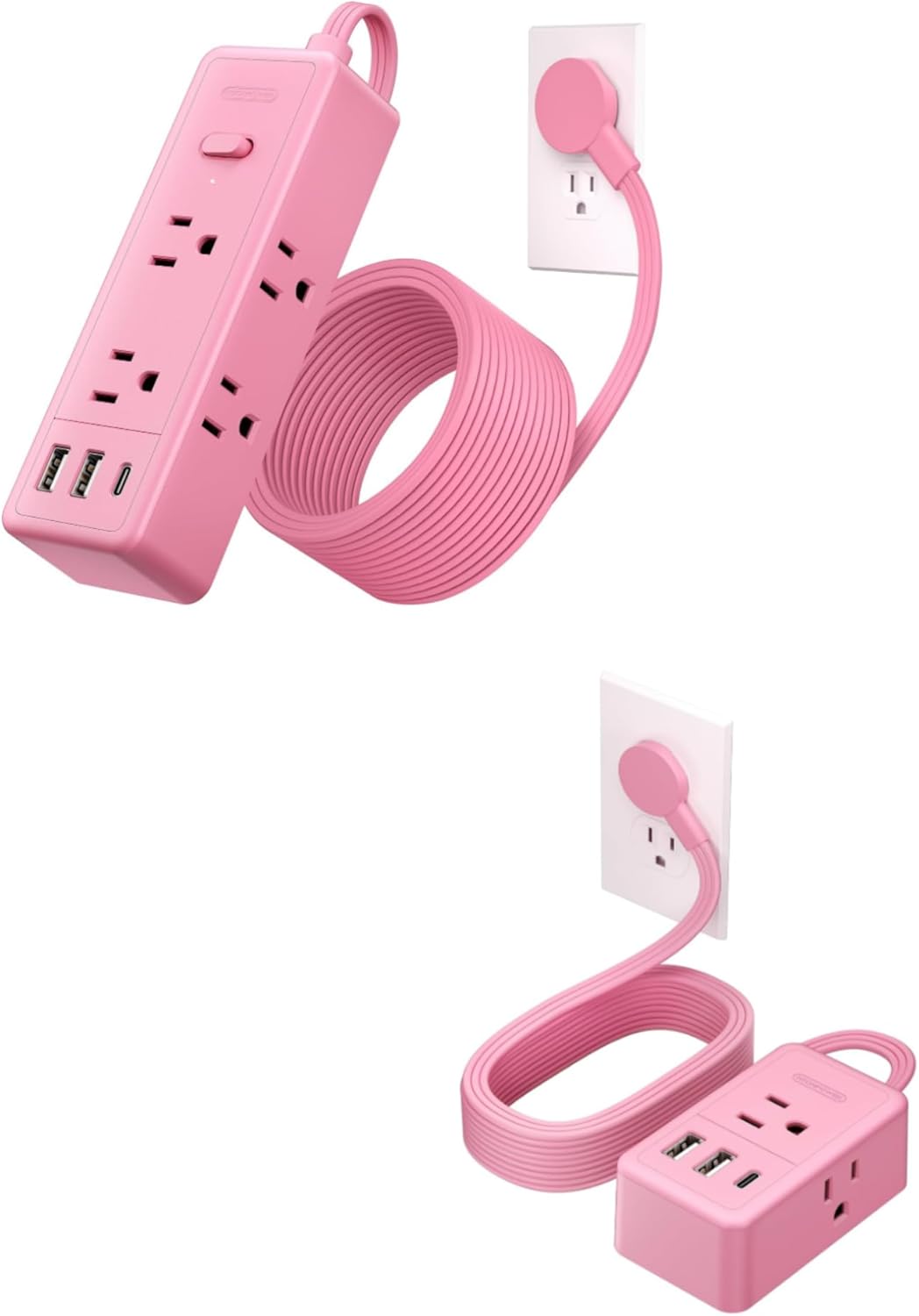 NTONPOWER Pink Extension Cord 10 ft, 1080 Joules Surge Protector Power Strip with 6 Widely Outlets 3 USB (1 USB C), Flat Plug Extension Cord Power Strip Long Cord for Home Office Dorm Room Essentials