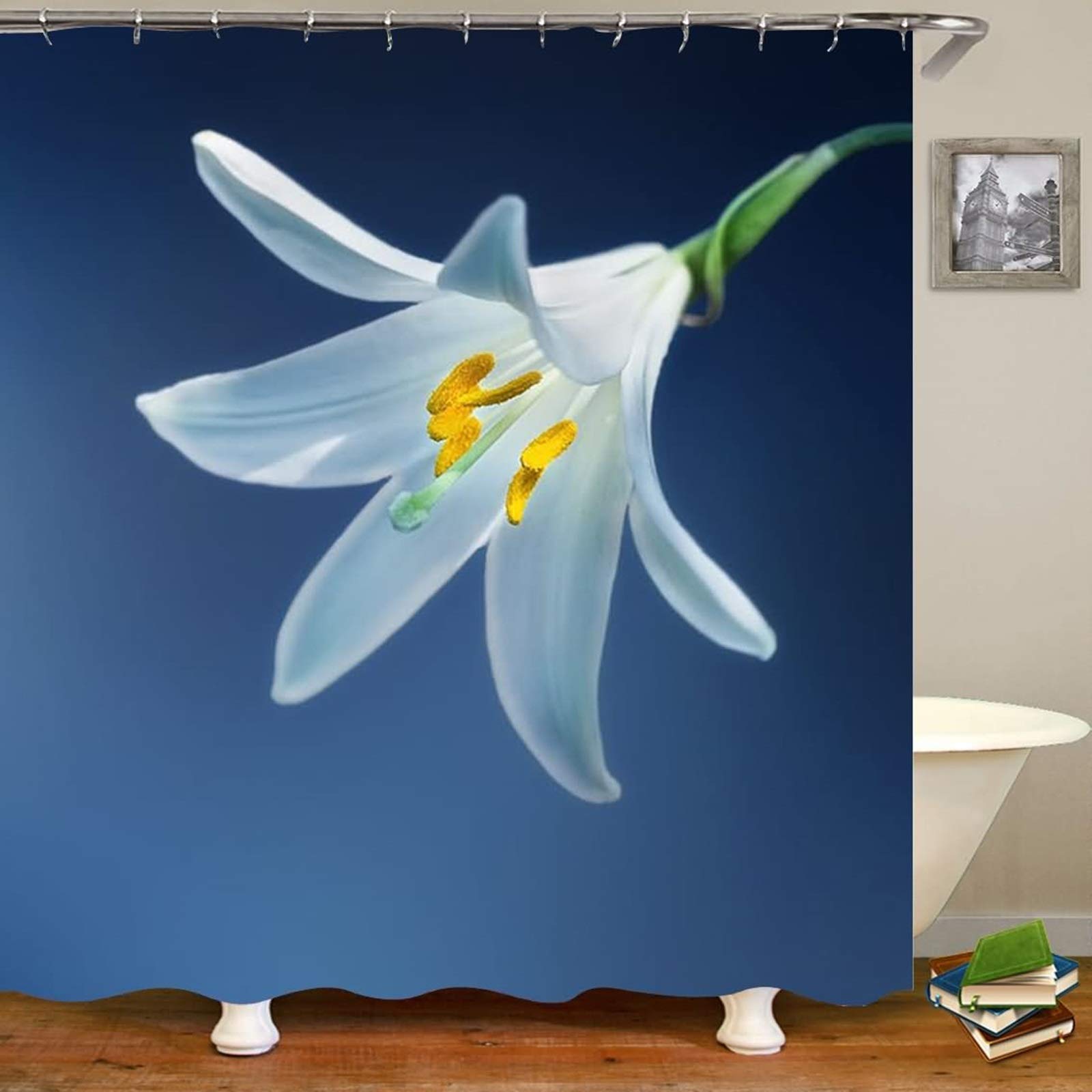 Rideau de douche salle de bain KnSam blanc fleur de lys en tissu