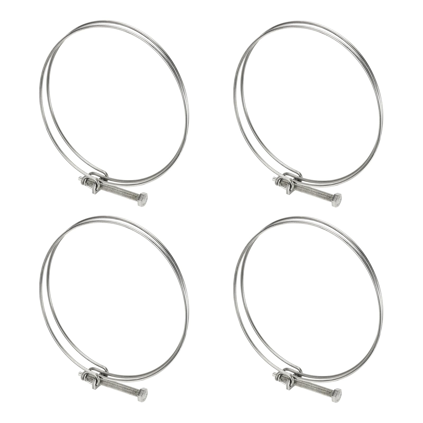sourcing map 4 Pcs Double Wire Hose Clips 155-165 mm 304 Stainless Steel Adjustable Wire Pipe Tube Clamps with M8 Screw Plumbing Joint Fastener for Dust Collection Pool Pond, Silver