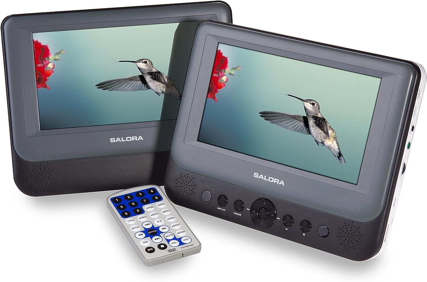 Salora DVP7048TWIN Lettore Dvd Portatile Con 2 Schermo 7" HD schermi per Auto e Bambini, Batteria 2 Ore, USB/​SD, Telecomando, Cuffie, monitor poggiatesta auto Supporto, Lettore CD, Uscita AV