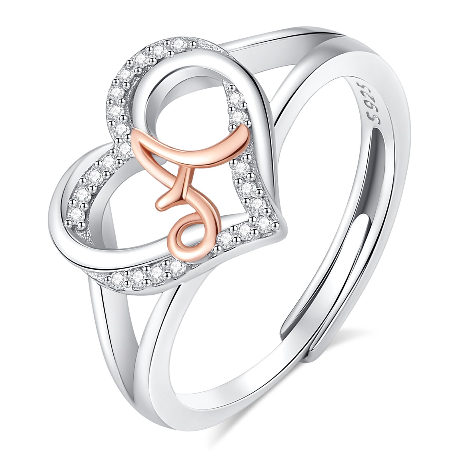 INFUSEU Anillo Iniciales, Plata de Ley 925 Anillos Abiertos Letras Forma Corazón Nombre Inicial Alfabeto A-Z Joyería Personalizada Ajustable Regalos para Mujeres Damas Niñas