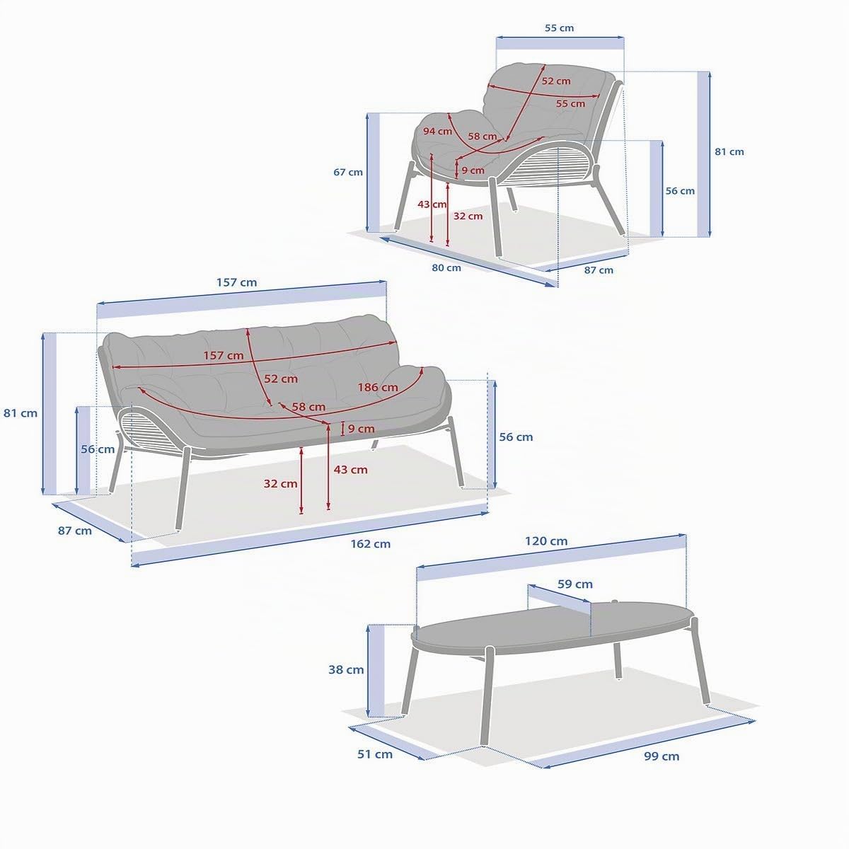 HESPERIDE – Salon de Jardin Meloane 5 Places Beige – Acier Epoxy Anti-Rouille, Résine Tressée et Coussins Polyester Déperlant – Canapé 3 Places, 2 Fauteuils, Table Basse Plateau Pierre Sintérisée